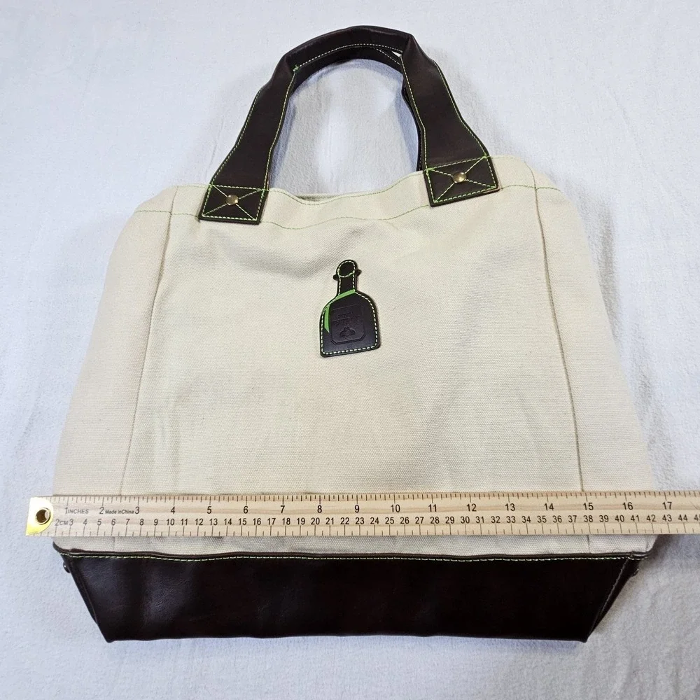 Patron‎ Tequila Canvas Tote Bag Brown Leather Trim Green Lining Insulated Pocket
